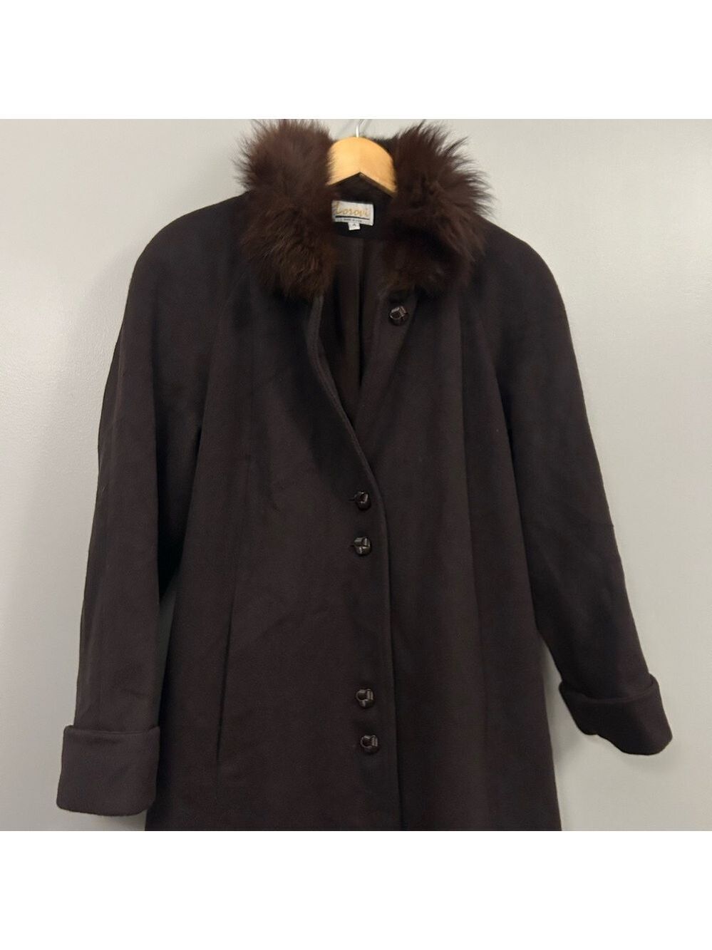 Lorovi Vintage Dark Brown Wool Trench Coat with Blue Fox Fur Collar Size 4 - Picture 2 of 11